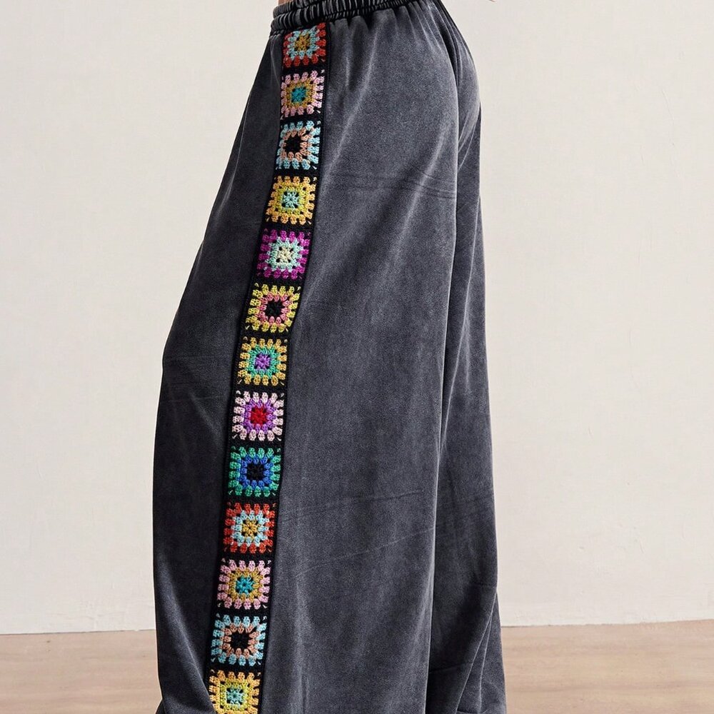 Black Casual Women's Wide Leg Crochet Patchwork Knit Pants - Picture 8 of 8